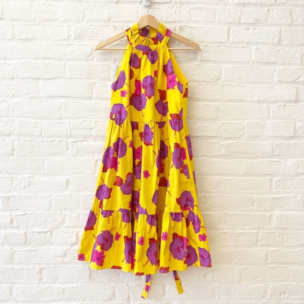 Borgo De Nor || Margot Poplin High Neck Tiered Mini‎ Dress Floral Yellow